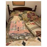 Wooden bed, queen with bedding