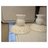 Pair of white glass, hob knob candleholders