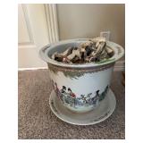 Large glazed Asian planter w/tray