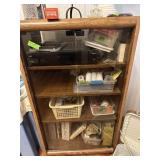 Oak frame, glass doors cabinet w/misc home items
