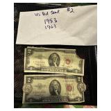 Pair of  US currency  Red Seal $2 bills