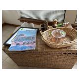 Wicker blanket box w/ misc items