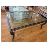 Thick, glass-top table w/metal legs
