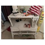Wicker table, wicker tea tray w/misc decor