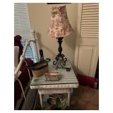 Glasstop wicker table w/misc decor