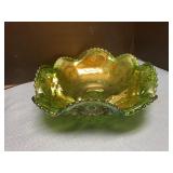 Green carnival glass bowl 10"