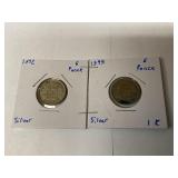 1942 and 1945 silver six pence coins