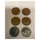 Six Kennedy half dollars