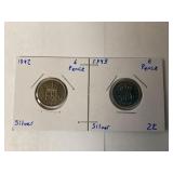 1942 and 1943 silver six pence coins