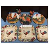 Decorative rooster plates w/ salt & pepper shakers