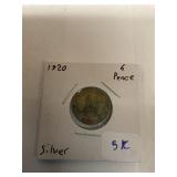 1920 British silver six pence coin