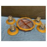 Depression  glass, divider  bowl &  candleholders