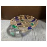 Pedestal dish with blue/ turquoise colors