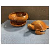 Hand carved wooden  turtle & bowl