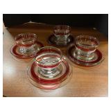 Glass red banded dessert bowls and saucers