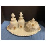 Paneled Grape milk glass dresser set w/gold accent