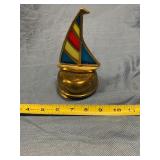 Brass wind up musical glass sailboat
