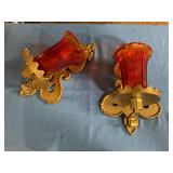 Metal wall sconce w Amberina glass