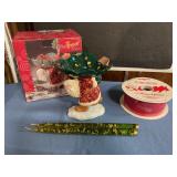 Ceramic Santa candy dish, ribbon, candlesticks