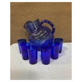 Cobalt blue glass pitcher & juice glass set