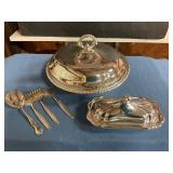 Silverplate serving bowl , butter dish & utensils