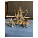 Silverplate tea pot w cream & sugar