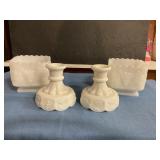 Milk glass candleholders, and planters