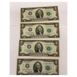 Four sequential serial numbers of 1976,2$ notes