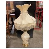 Vintage porcelain table lamp w/ fringe shade 40" T