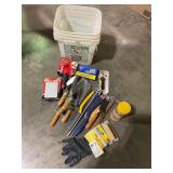 Bucket of paint supplies, wire brush