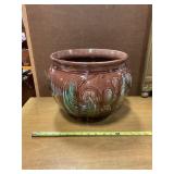 Flowerpot glass w/ brown & green design 12" rd.
