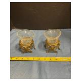 Brass tongue cracked glass candle holders