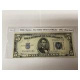 1934 C series-5$ silver certificate -unc-blue seal