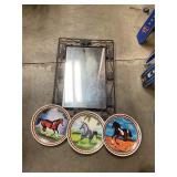 Horse mirror & 3 horse plates