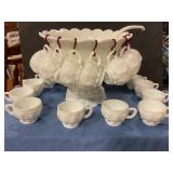 Vintage Milk Glass Punch Bowl w 17 cup & ladle