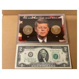 Kennedy half dollars & 2 dollar bill