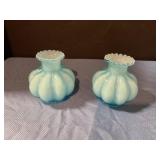 Fenton blue overlay melon vases w/ ruffled edge