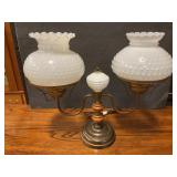 Brass & milk, glass electric double lamp