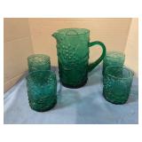 Vintage green glass pitcher with tumblers