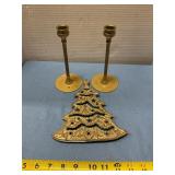Brass candlesticks and metal trivet