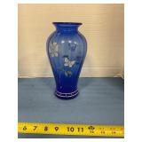 Floral blue glass vase