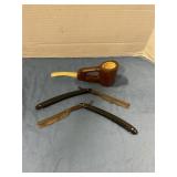 Two single blade razors, and corn cob pipe