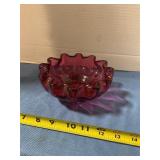 Cranberry art glass ruffled bowl