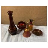 Red glass vases, bell & bowl