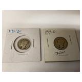 1917 & 1919-D Mercury Silver Dimes