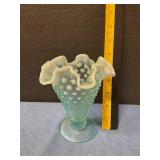 Hobnail blue opalescent ruffled vase