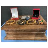 Wood storage box w/ costume jewelry & large marble