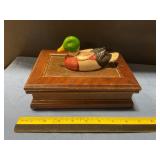 Wood card holder w/ ceramic mallard duck figurine