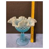 Hobnail blue opalescent ruffled vase