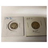 1917 & 1919-D Mercury Silver Dimes